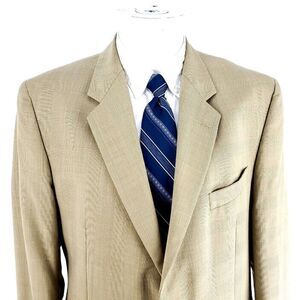 Adolfo International Super 120s Wool 2 Button Blazer 42R Tan Plaid Blue Window